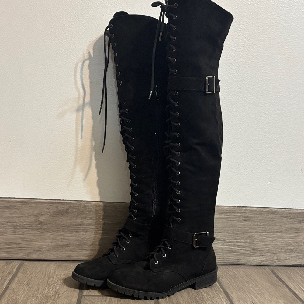 Black Lace-Up Knee-High Boots